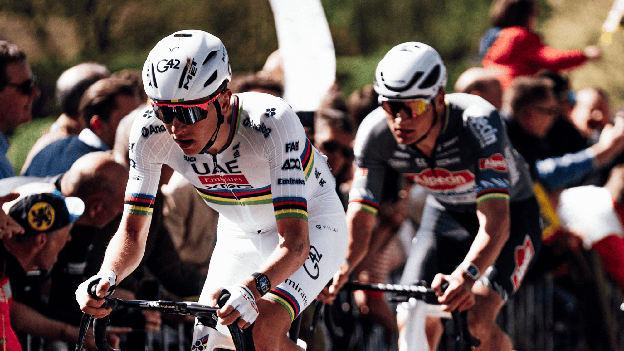 Tadej Pogačar and Mathieu van der Poel at Tour of Flanders 2025