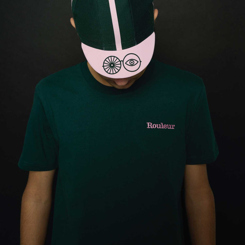 Rouleur Embroidered Organic Cotton Unisex T-Shirt - Green + Pink